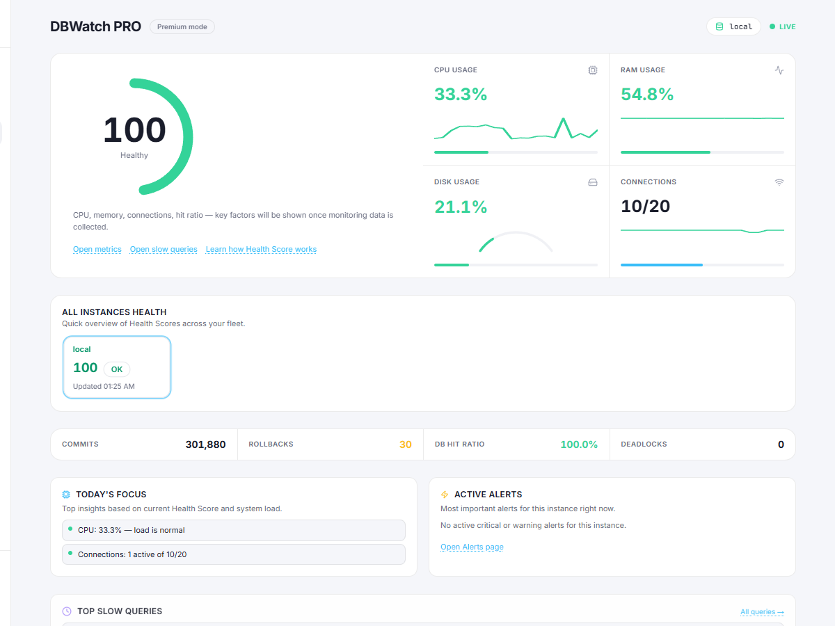 DBWatch PRO — главный дашборд мониторинга PostgreSQL